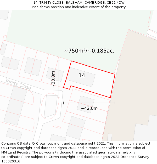 14, TRINITY CLOSE, BALSHAM, CAMBRIDGE, CB21 4DW: Plot and title map