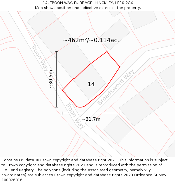 14, TROON WAY, BURBAGE, HINCKLEY, LE10 2GX: Plot and title map