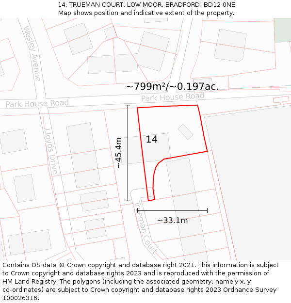 14, TRUEMAN COURT, LOW MOOR, BRADFORD, BD12 0NE: Plot and title map