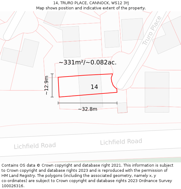 14, TRURO PLACE, CANNOCK, WS12 3YJ: Plot and title map