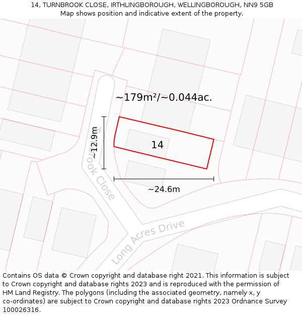 14, TURNBROOK CLOSE, IRTHLINGBOROUGH, WELLINGBOROUGH, NN9 5GB: Plot and title map