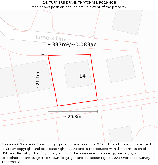 14, TURNERS DRIVE, THATCHAM, RG19 4QB: Plot and title map