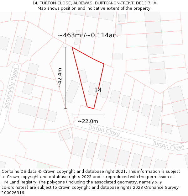 14, TURTON CLOSE, ALREWAS, BURTON-ON-TRENT, DE13 7HA: Plot and title map