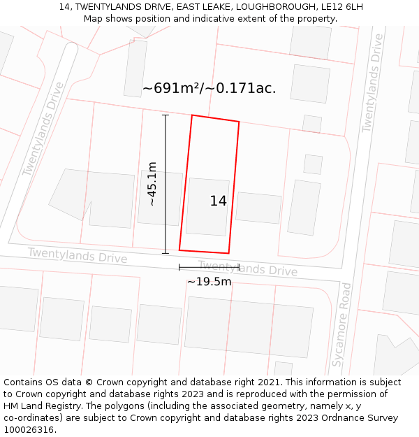 14, TWENTYLANDS DRIVE, EAST LEAKE, LOUGHBOROUGH, LE12 6LH: Plot and title map