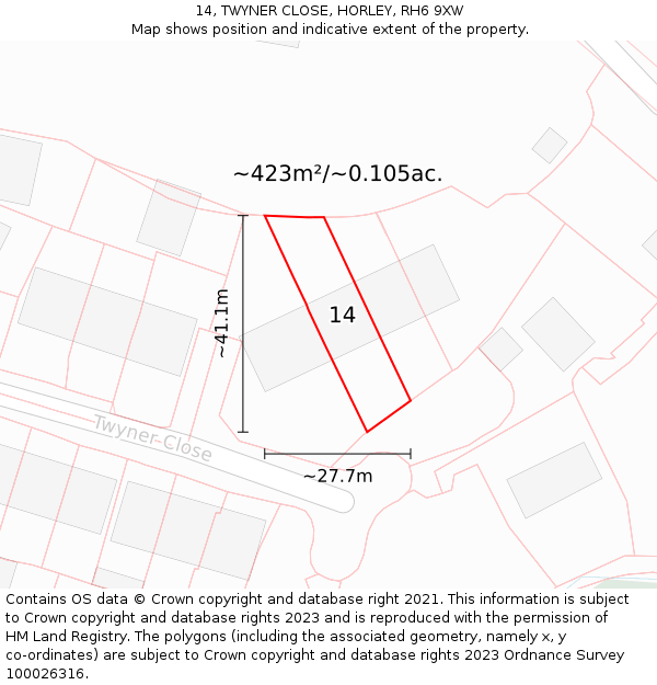 14, TWYNER CLOSE, HORLEY, RH6 9XW: Plot and title map