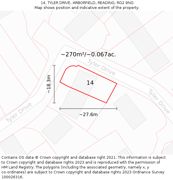 14, TYLER DRIVE, ARBORFIELD, READING, RG2 9NG: Plot and title map