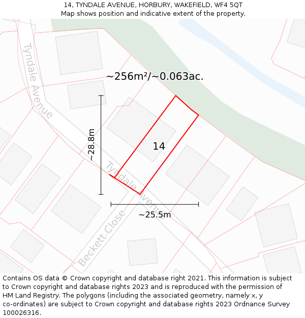 14, TYNDALE AVENUE, HORBURY, WAKEFIELD, WF4 5QT: Plot and title map