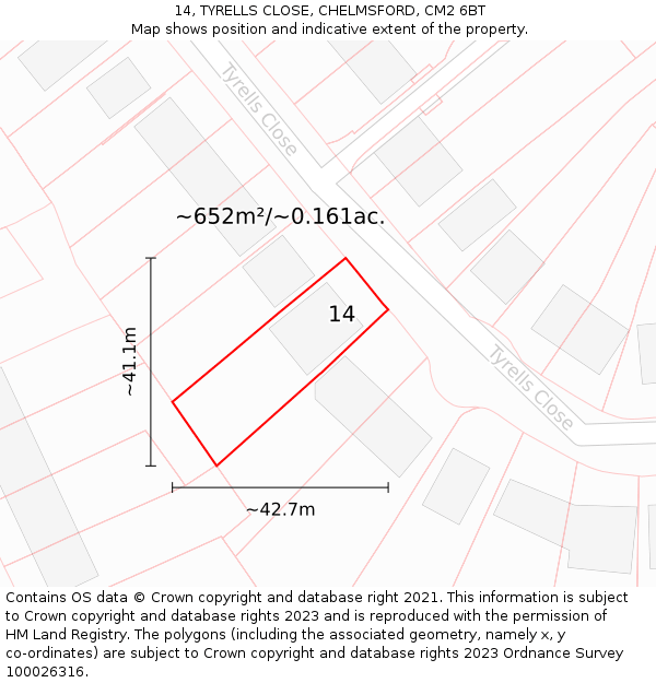 14, TYRELLS CLOSE, CHELMSFORD, CM2 6BT: Plot and title map