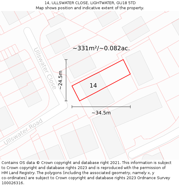 14, ULLSWATER CLOSE, LIGHTWATER, GU18 5TD: Plot and title map