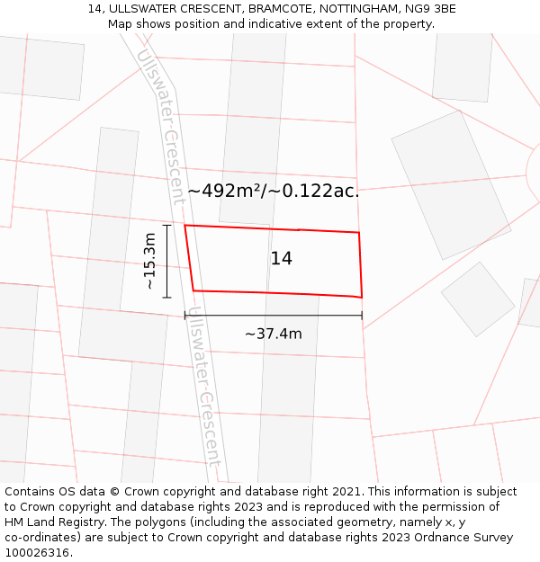 14, ULLSWATER CRESCENT, BRAMCOTE, NOTTINGHAM, NG9 3BE: Plot and title map