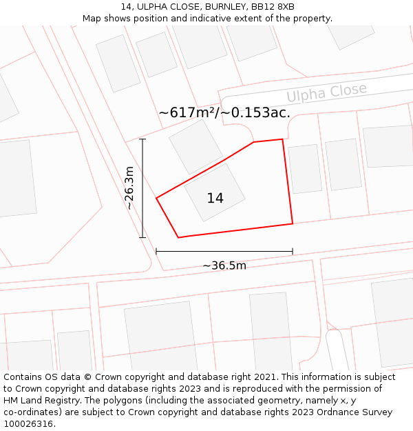 14, ULPHA CLOSE, BURNLEY, BB12 8XB: Plot and title map