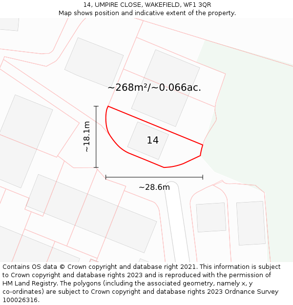 14, UMPIRE CLOSE, WAKEFIELD, WF1 3QR: Plot and title map