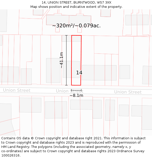 14, UNION STREET, BURNTWOOD, WS7 3XX: Plot and title map