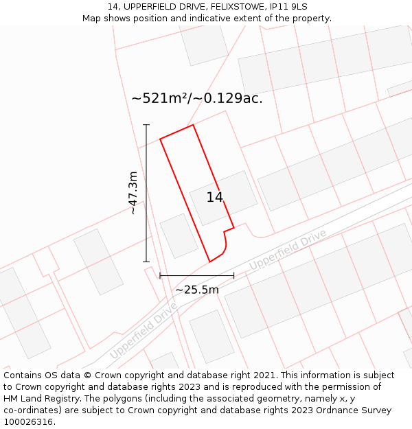 14, UPPERFIELD DRIVE, FELIXSTOWE, IP11 9LS: Plot and title map