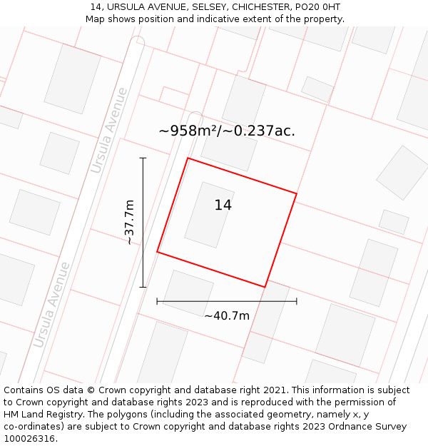 14, URSULA AVENUE, SELSEY, CHICHESTER, PO20 0HT: Plot and title map