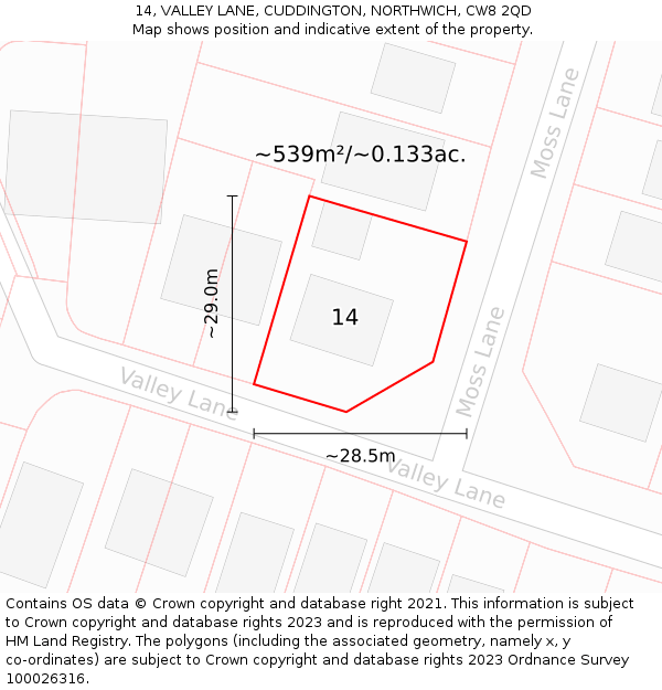 14, VALLEY LANE, CUDDINGTON, NORTHWICH, CW8 2QD: Plot and title map