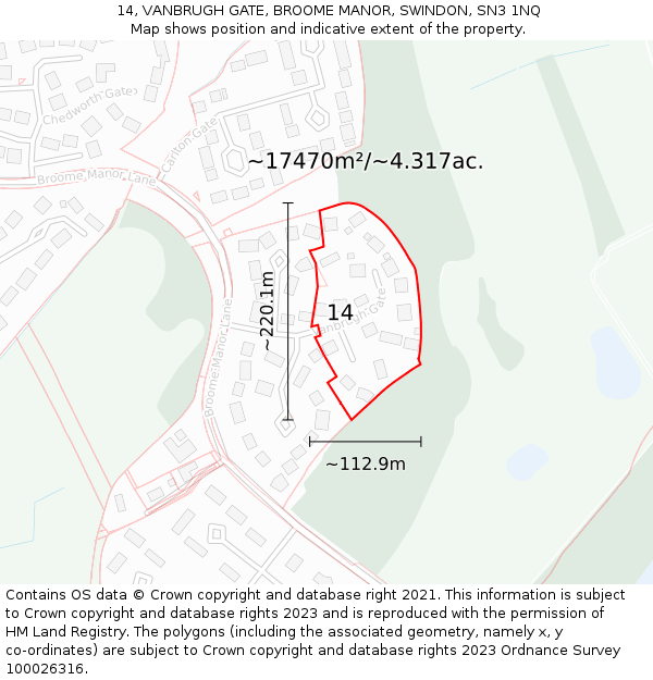 14, VANBRUGH GATE, BROOME MANOR, SWINDON, SN3 1NQ: Plot and title map