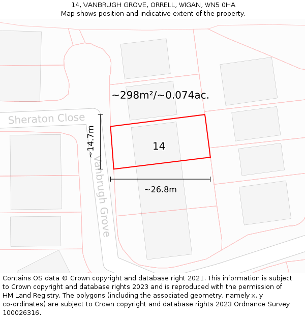 14, VANBRUGH GROVE, ORRELL, WIGAN, WN5 0HA: Plot and title map