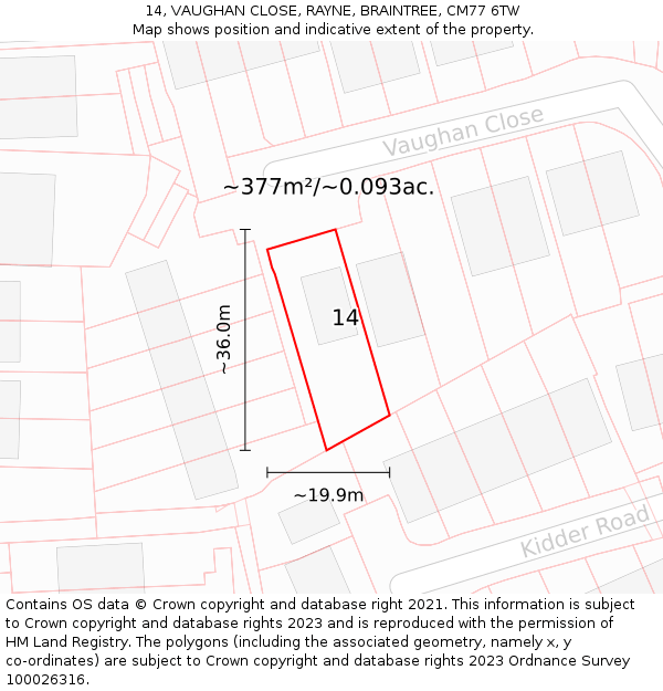 14, VAUGHAN CLOSE, RAYNE, BRAINTREE, CM77 6TW: Plot and title map