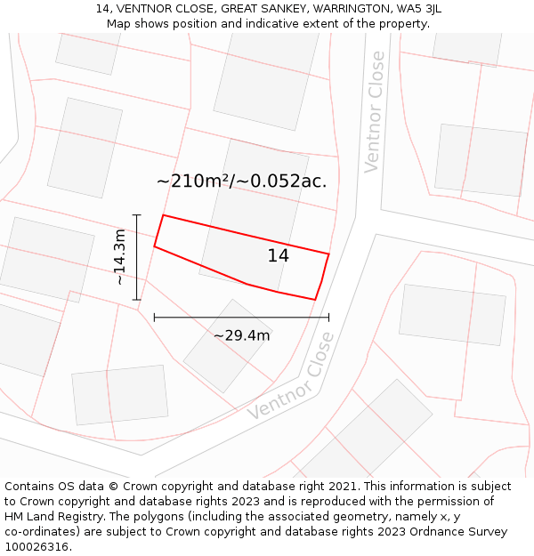 14, VENTNOR CLOSE, GREAT SANKEY, WARRINGTON, WA5 3JL: Plot and title map