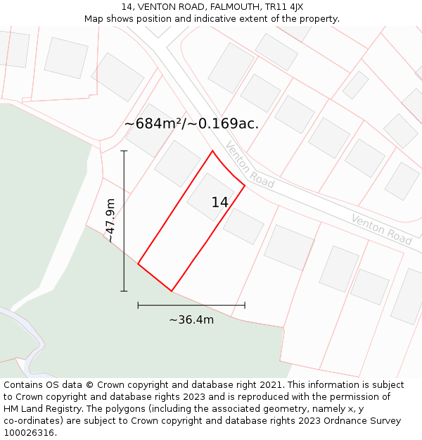 14, VENTON ROAD, FALMOUTH, TR11 4JX: Plot and title map