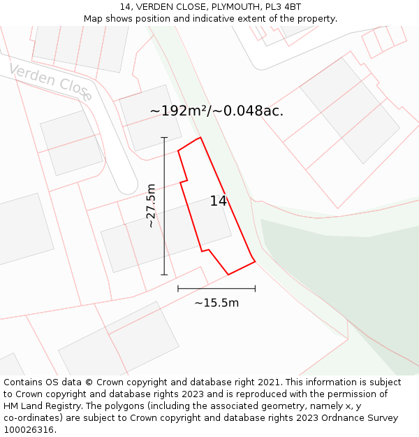 14, VERDEN CLOSE, PLYMOUTH, PL3 4BT: Plot and title map