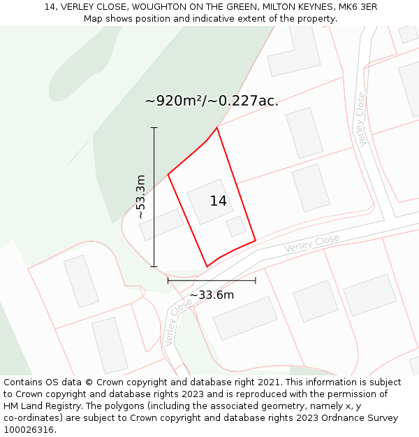 14, VERLEY CLOSE, WOUGHTON ON THE GREEN, MILTON KEYNES, MK6 3ER: Plot and title map