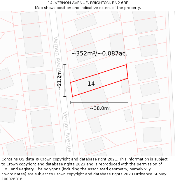 14, VERNON AVENUE, BRIGHTON, BN2 6BF: Plot and title map