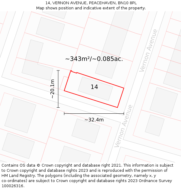 14, VERNON AVENUE, PEACEHAVEN, BN10 8PL: Plot and title map