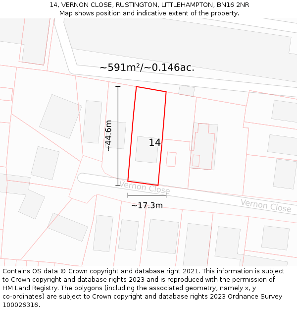 14, VERNON CLOSE, RUSTINGTON, LITTLEHAMPTON, BN16 2NR: Plot and title map