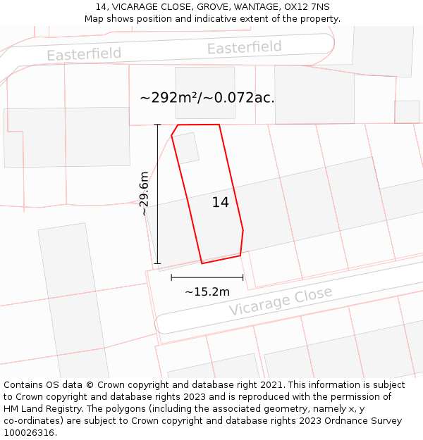 14, VICARAGE CLOSE, GROVE, WANTAGE, OX12 7NS: Plot and title map