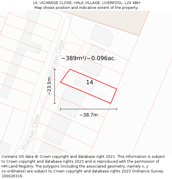 14, VICARAGE CLOSE, HALE VILLAGE, LIVERPOOL, L24 4BH: Plot and title map