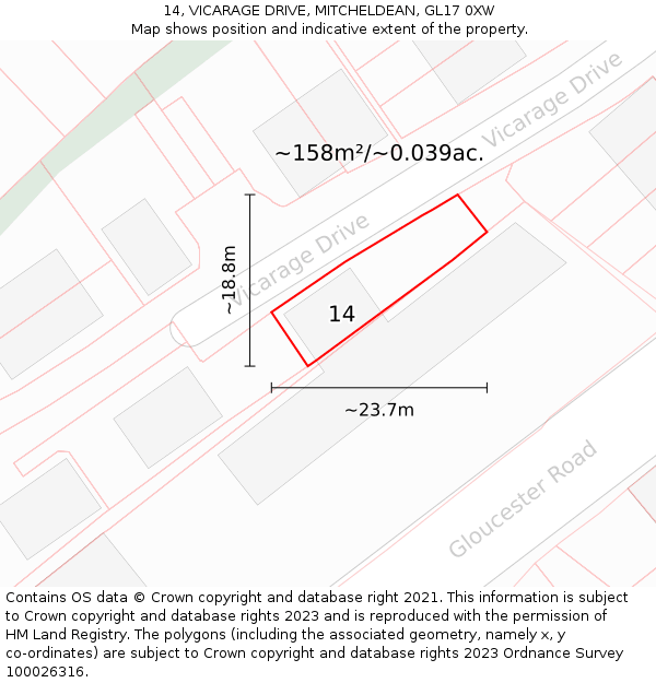 14, VICARAGE DRIVE, MITCHELDEAN, GL17 0XW: Plot and title map