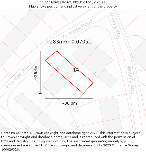 14, VICARAGE ROAD, KIDLINGTON, OX5 2EL: Plot and title map