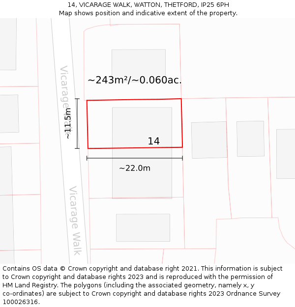 14, VICARAGE WALK, WATTON, THETFORD, IP25 6PH: Plot and title map