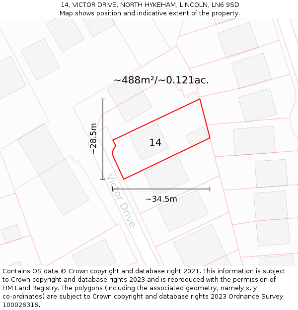 14, VICTOR DRIVE, NORTH HYKEHAM, LINCOLN, LN6 9SD: Plot and title map