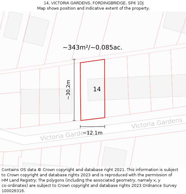 14, VICTORIA GARDENS, FORDINGBRIDGE, SP6 1DJ: Plot and title map