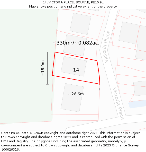 14, VICTORIA PLACE, BOURNE, PE10 9LJ: Plot and title map