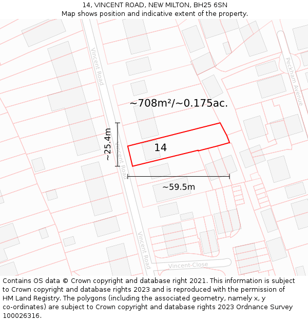 14, VINCENT ROAD, NEW MILTON, BH25 6SN: Plot and title map