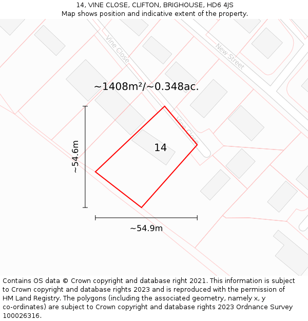 14, VINE CLOSE, CLIFTON, BRIGHOUSE, HD6 4JS: Plot and title map