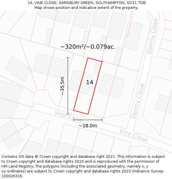 14, VINE CLOSE, SARISBURY GREEN, SOUTHAMPTON, SO31 7DB: Plot and title map