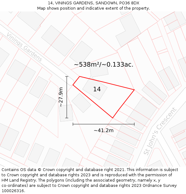 14, VININGS GARDENS, SANDOWN, PO36 8DX: Plot and title map