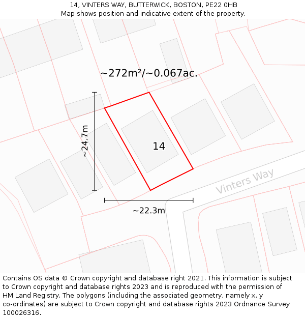 14, VINTERS WAY, BUTTERWICK, BOSTON, PE22 0HB: Plot and title map