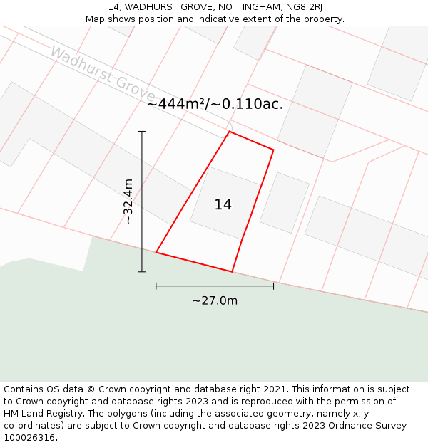 14, WADHURST GROVE, NOTTINGHAM, NG8 2RJ: Plot and title map