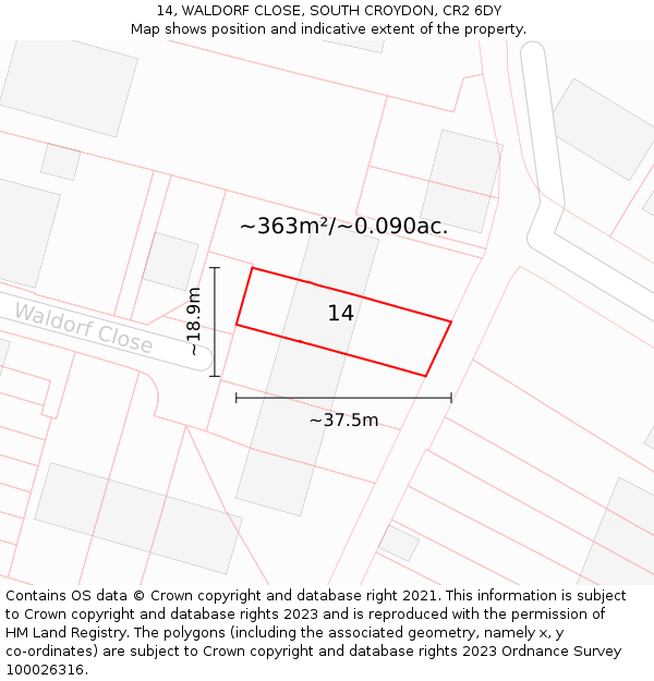 14, WALDORF CLOSE, SOUTH CROYDON, CR2 6DY: Plot and title map