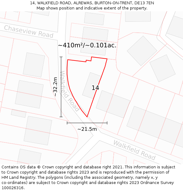 14, WALKFIELD ROAD, ALREWAS, BURTON-ON-TRENT, DE13 7EN: Plot and title map