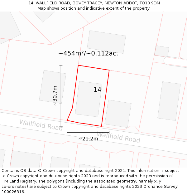 14, WALLFIELD ROAD, BOVEY TRACEY, NEWTON ABBOT, TQ13 9DN: Plot and title map