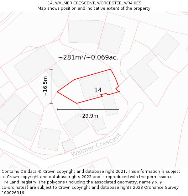 14, WALMER CRESCENT, WORCESTER, WR4 0ES: Plot and title map