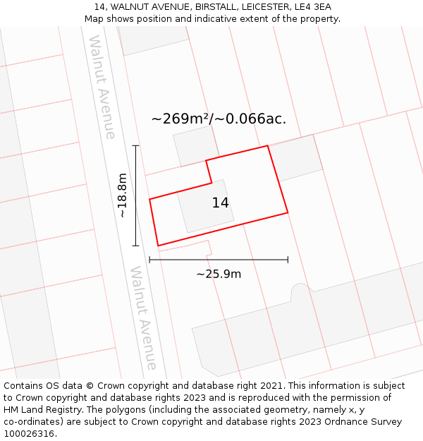 14, WALNUT AVENUE, BIRSTALL, LEICESTER, LE4 3EA: Plot and title map