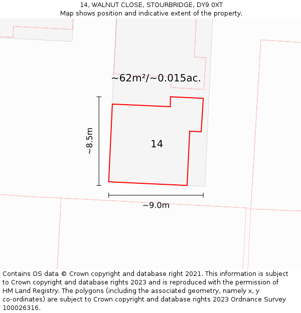 14, WALNUT CLOSE, STOURBRIDGE, DY9 0XT: Plot and title map